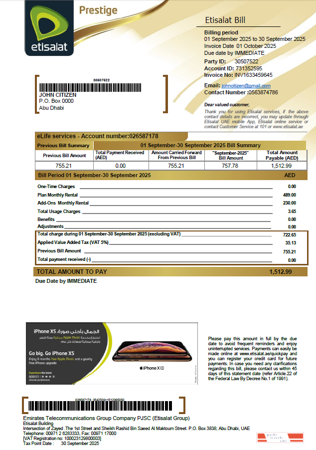 UAE Etisalat utility bill template in Word and PDF formats, version 2